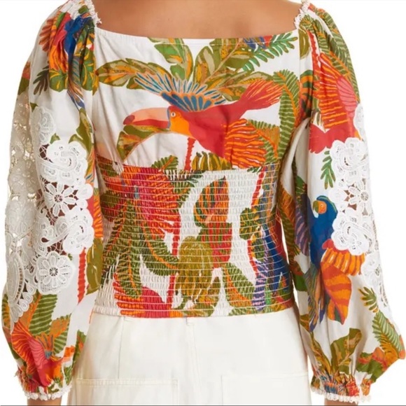 Farm Rio Forest Birds Smocked Lace Square Neck Crop Top Size Medium Size NWT - Picture 2 of 9